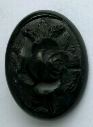 Antique Victorian Hand Carved Whitby Jet Rose Mourning Brooch Pin Black 19th.  C