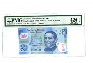 2013 20 Pesos Banco De Mexico Pmg 68 Epq Banknote Gem Uncirculated Rare