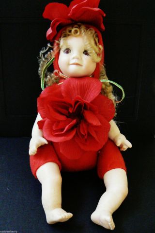 Cute Red Flower Bean Bag Baby Girl Doll Porcelain Head Arms Legs Curly Hair