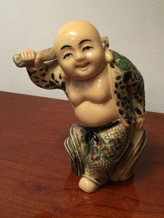 Vtg Antique Netsuke Japanese Buddha With Club Figure Resin Ivory Color Bone Ec
