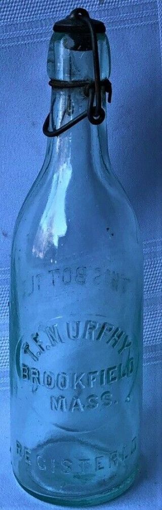 Antique Blue Green Embossed Soda Bottle T.  F.  Murphy Brookfield Mass Tin Top Nr