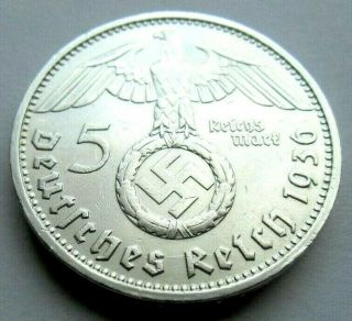 (692) Rare Wwii German 5 Mark - 1936 D - 90 Silver - Coin Big Swastika