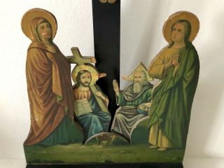 Antique Wood On Paper Holy Religious Jesus Christ Mary Joseph Cross Crucifix 2