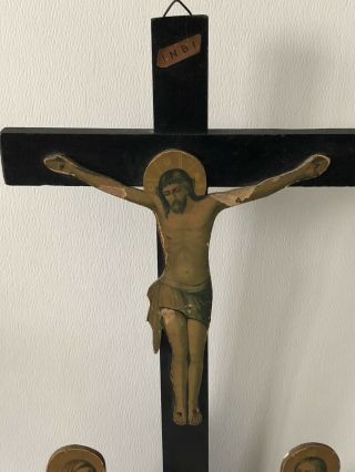 Antique Wood On Paper Holy Religious Jesus Christ Mary Joseph Cross Crucifix 3