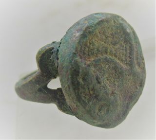 Circa 200bc Ancient Bactria Bronze Seal Ring With Depiction Of Ruler