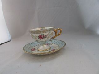 Vintage Wales Bone China Made In Japan Tea Cup And Saucer Pale Blue Gold Trim