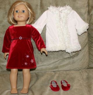Rare Kit American Girl Doll 18” With Christmas Dress And White Winter Coat