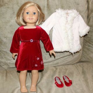 RARE KIT AMERICAN Girl Doll 18” WITH CHRISTMAS DRESS AND WHITE WINTER COAT 2