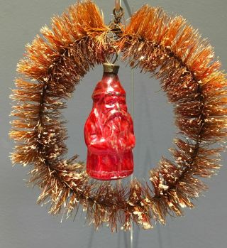 Antique Vintage Bottle Brush Wreath With Santa Claus Glass Christmas Ornament