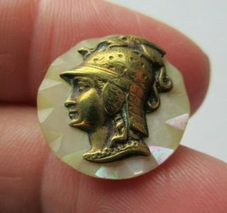 Outstanding Antique Vtg Carved Mop Shell Metal Picture Button Knights Head (r)
