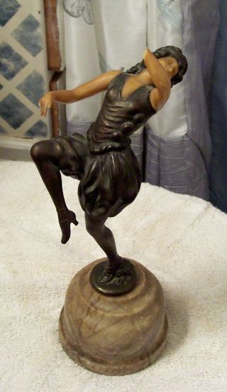Old Art Deco Bronzed Or Spelter Figurine On Marble Base Bakelite Arms,  Face