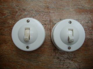 2 X Vintage White Vitreous Ceramic & Bakelite (two Way) Switchs By Crabtree