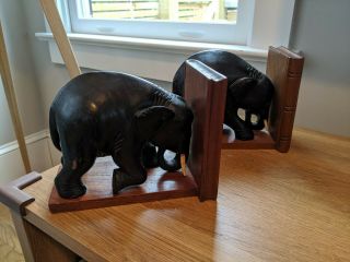 Antique Wood Carved Elephant Bookends Book Ends - Vintage