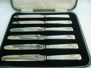 Cased Set Of 6 Hallmarked Silver Handle Art Deco Butter Knives 1935