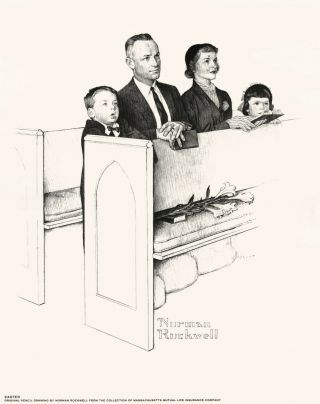 Norman Rockwell Signed Print Vintage Pencil Drawing Family At Church