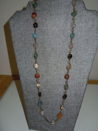Vintage Semi Precious Gemstone Necklace Tumbled Shape Colored Stones Pre - Owned