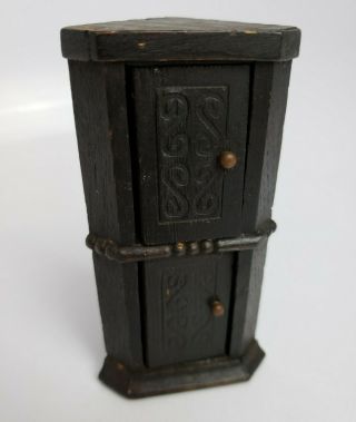 Vintage Dollhouse Miniature Dark Wood Corner 4 Shelf Kitchen Cabinet Hutch 4.  75 "