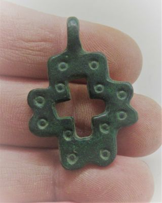 Ancient Byzantine Bronze Cross Pendant With Ring And Dot Motifs