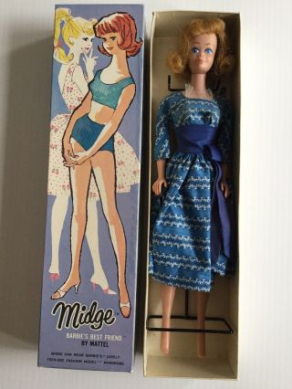 Barbie Vintage 1962 Blonde Midge Doll Blue Dress Looks W/ Stand