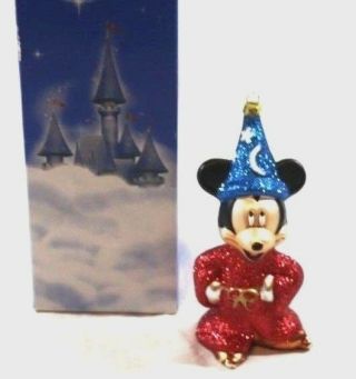 Rare Retired Disney Parks Sorcerer Mickey Mouse Ornament Vtg Glass Glitter Box,