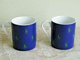 Rare Ralph Lauren Polo Pony Allover Coffee Cups Mugs Blue & Green Set Of 2