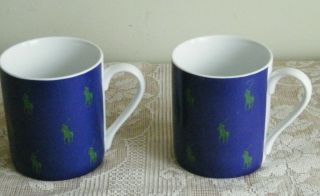 Rare Ralph Lauren Polo Pony Allover Coffee Cups Mugs Blue & Green Set of 2 2