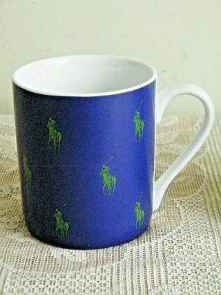Rare Ralph Lauren Polo Pony Allover Coffee Cups Mugs Blue & Green Set of 2 3