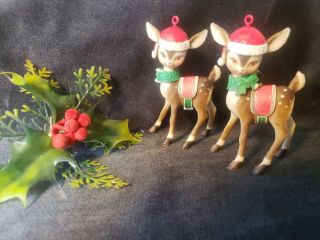 Pair Vintage Deer Reindeer Rare Christmas Ornaments 3 1/2 Tall