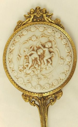 Antique Porcelain Bisque Relief Cherubs Ornate Hand Mirror Beveled Glass 13.  25 "
