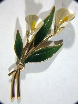 Vintage Rare Sterling Craft By Coro Gold Wash Enamel Calla Lily Brooch Pin