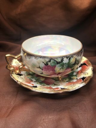 Royal Sealy Reticulated Saucer & 3 Footed Teacup Raspberry Pattern Japan