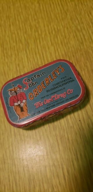 Antique Vintage Captain John Orderleys The Owl Drug Co.  Laxative Pill Tin Box