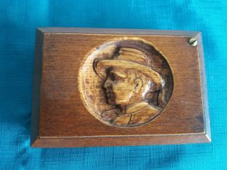 Vintage Wooden Tie Pin Box With Carving Of Man’s Head,  Swing Opening