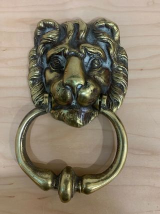 Vintage Large Heavy Solid Brass Lion Head Door Knocker 8  Tall