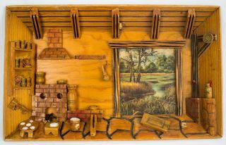 Vtg Hand Carved Wood Log Cabin Kitchen Shadow Box Diorama Mural Folk Art Mexico