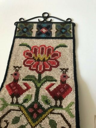 Swedish Vintage Embroidered Wool Tapestry,  Stylised Blue Birds And Red Flowers