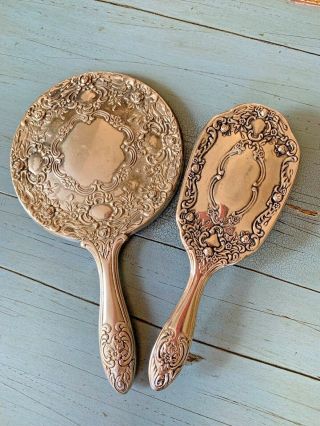 Antique Art Nouveau Silver Plated Handheld Mirror And Brush Vanity Set