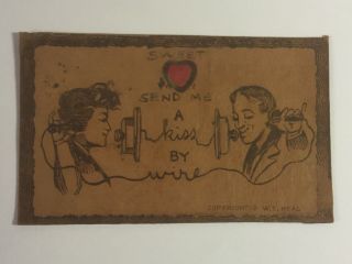 Romantic Antique Leather Postcard,  “send Me A Kiss By Wire”