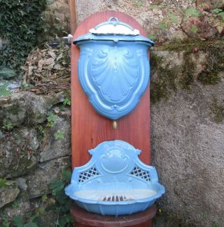 Antique 19thc French Rare Enameled Cast Iron Lavabo Water Tank Basin Fountain