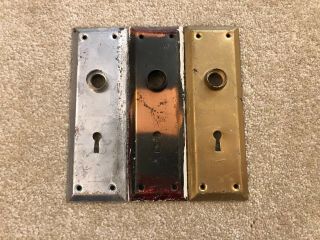 3 Antique Vintage Door Knob Lock Keyhole Plate Parts Hardware Metal Backplate