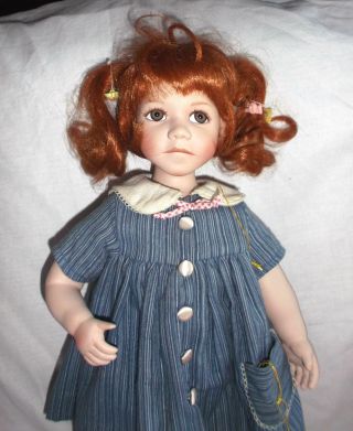 Vintage Kingstate Meg Porcelain Doll Blue Dress Ginger Red Pigtails 17 "