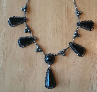Signed Antique Sterling Silver And Black Stone Necklace