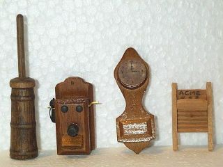 4 Wooden Dollhouse Accessories Butter Churn Clock Washboard Wall Telephone Mini