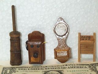 4 WOODEN Dollhouse Accessories BUTTER CHURN Clock WASHBOARD Wall Telephone MINI 2