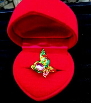 Ring Brass Naga Eye Pink Gem Serpent Painting Thai Amulet Charm Wealth Lucky