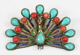 C1900 Antique Chinese Export Silver Enamel Turquoise Coral Peacock Pin/brooch