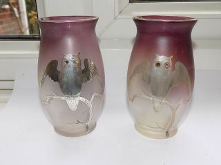 Art Deco Bohemian Iridescent Satin Glass Vases With Silver Overlay Owls