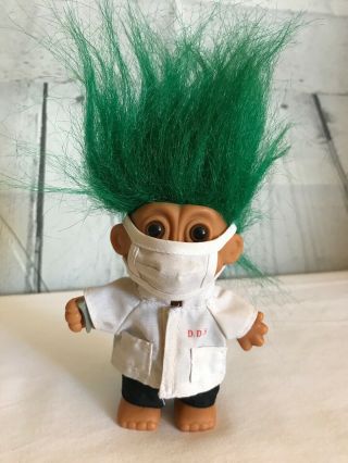 Russ Troll Doll 4” Green Hair Brown Eyes Rare Dentist Troll W/ Sticker