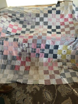 Antique Scrappy Nine Patch Quilt Top Hand Pieced Great Vintage Fabric