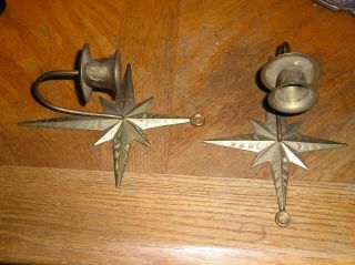 Vintage Pair Brass Star Wall Sconce Candle Holder Starburst - North Star